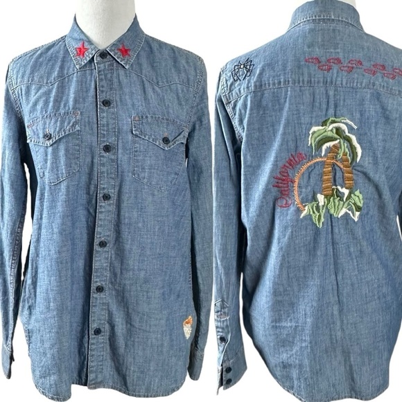 Retro Y2K Lucky Brand Western Embroidered Tattoo Denim Shirt Small California - Picture 1 of 10